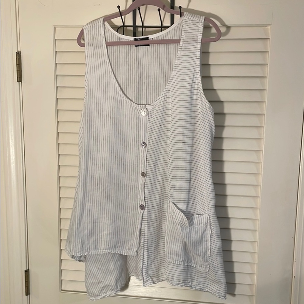 Fenini Black and White Linen Swing Asymmetrical Sleeveless Tank Top Tunic